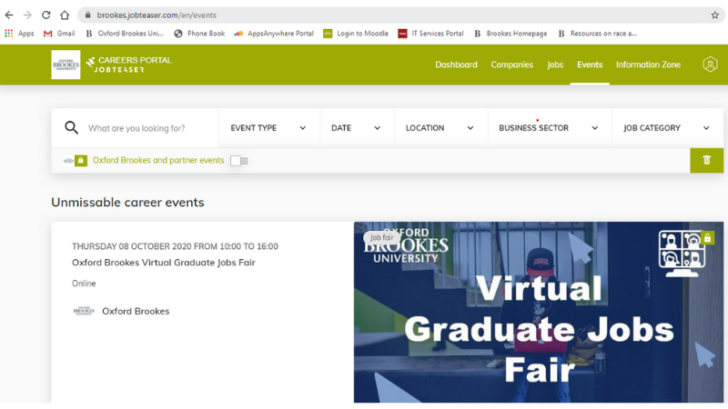 Screenshot of the events page on the Careers Portal